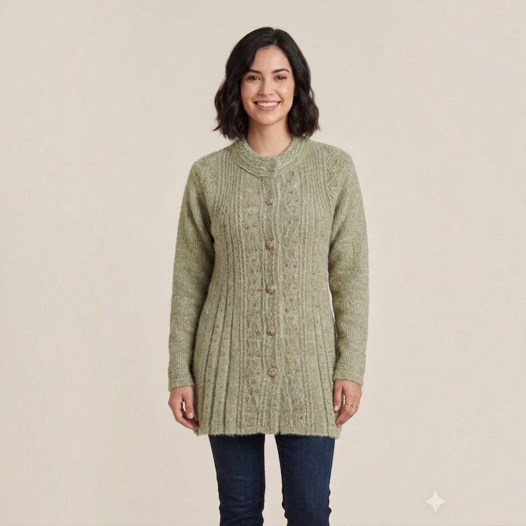 City Center sage green button-down knit cardigan with cable-knit texture worn by a smiling woman with dark hair.