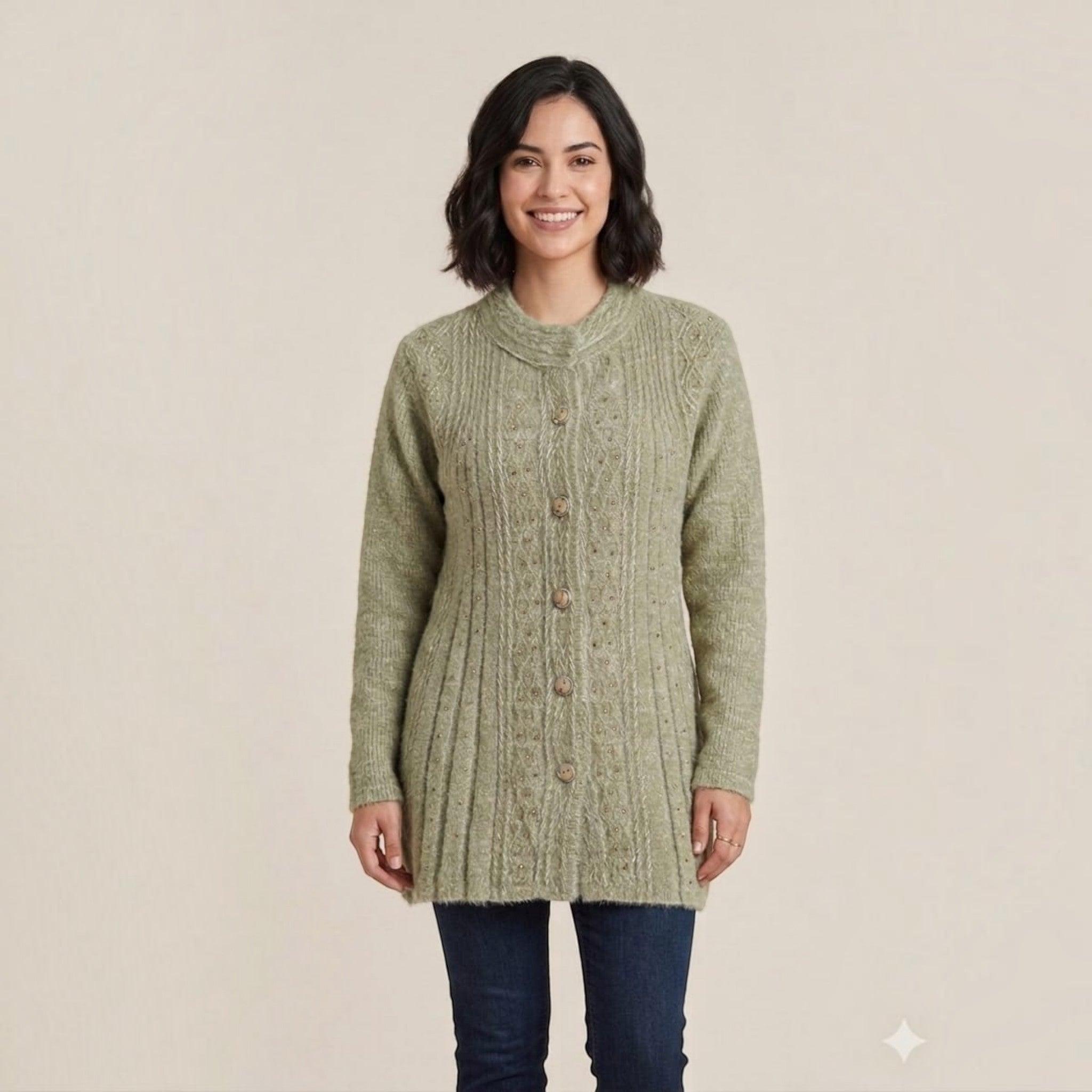 City Center sage green button-down knit cardigan with cable-knit texture worn by a smiling woman with dark hair.
