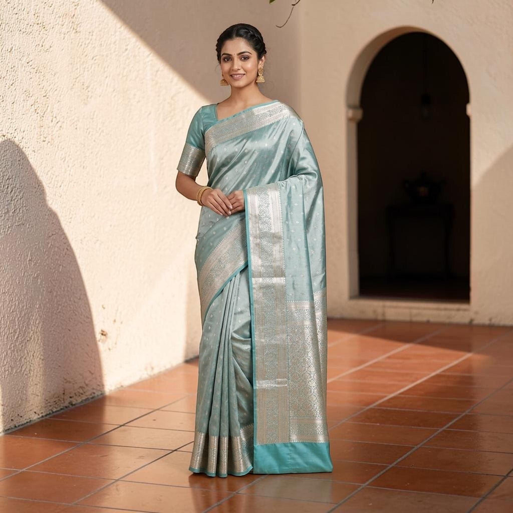 City Center premium satin shalu saree in sage green with intricate silver jari work, worn by a model in a courtyard.