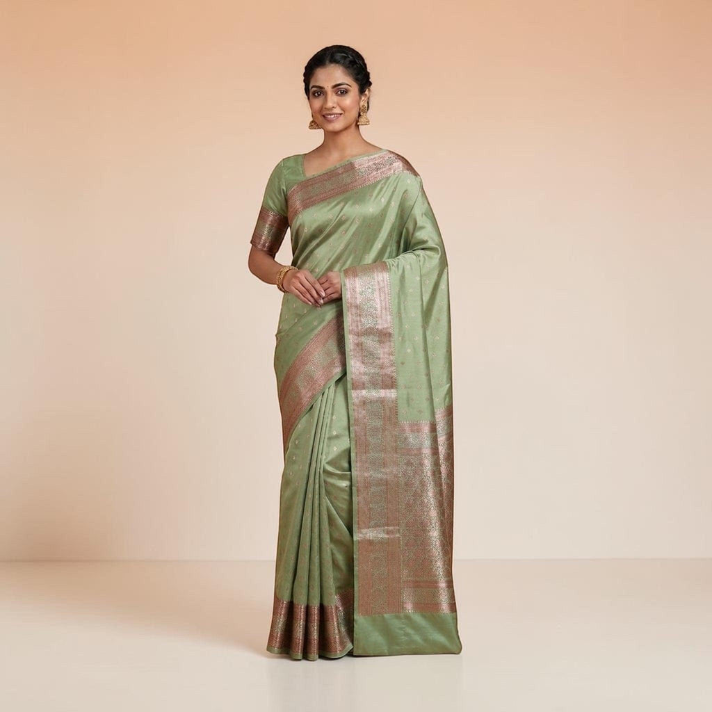 City Center premium sage green satin shalu saree featuring intricate gold jari embroidery for weddings and festivals.