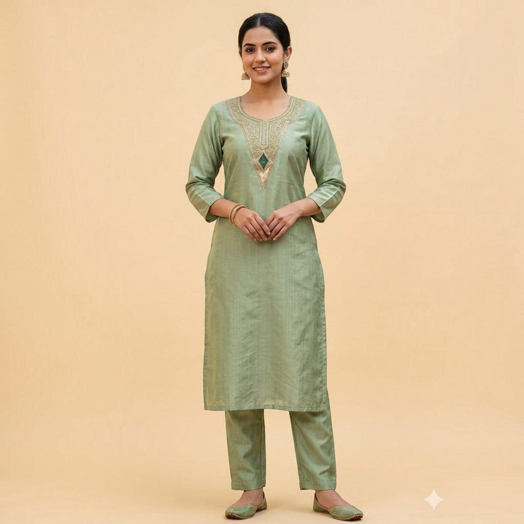 City Center sage green vertical textured co-ord set with embroidered neckline and matching trousers on a model.