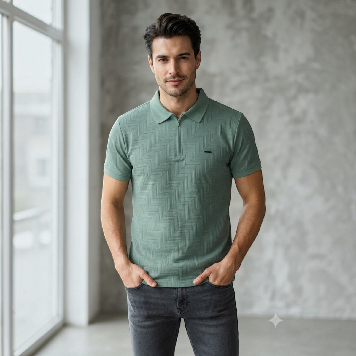 City Center M-Line sage green men's polo shirt with a textured chevron pattern and quarter-zip collar