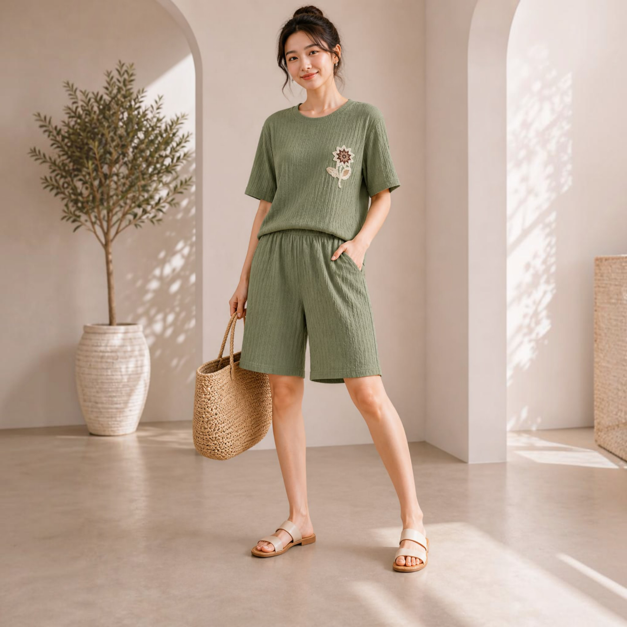 City Center sage green women's co-ord set with embroidered floral top and matching shorts in a minimalist studio setting.