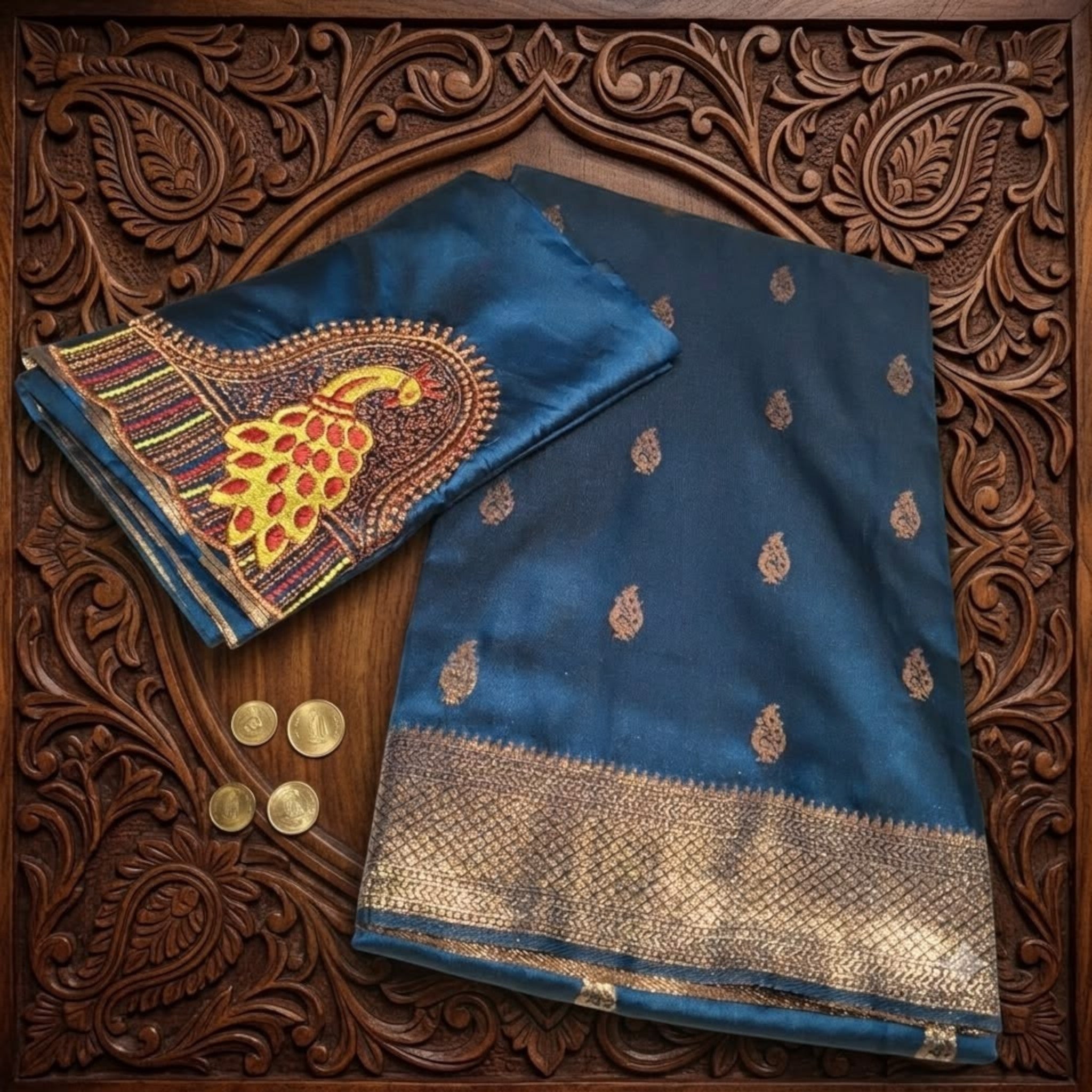 City Center satin saree in deep blue with gold kattpadar border and matching blouse featuring intricate Aari embroidery