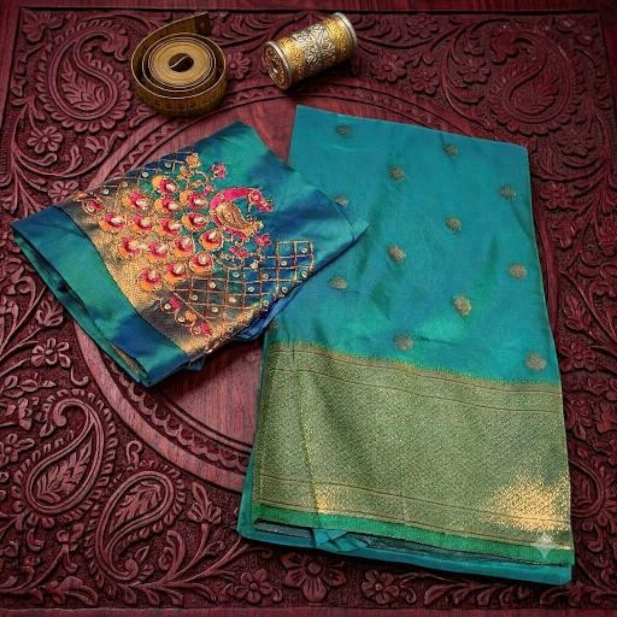 City Center teal satin saree with gold kattpadar border and peacock Aari embroidery on the matching blouse piece