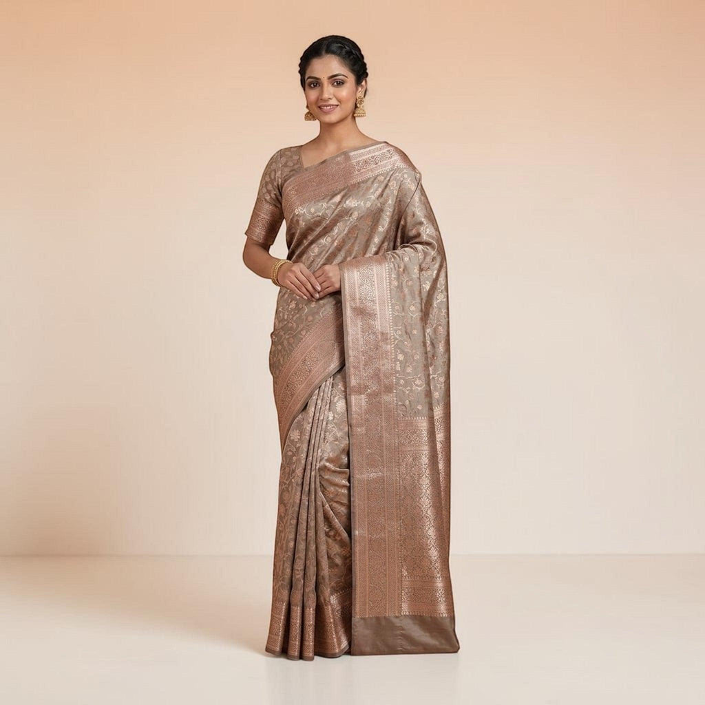 City Center premium satin shalu saree in taupe with intricate all-over gold jari embroidery for weddings.