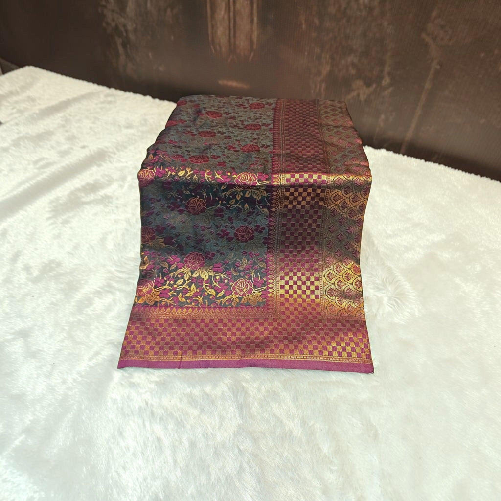 City Center satin silk saree featuring a deep purple and gold floral brocade pattern with a checkered border