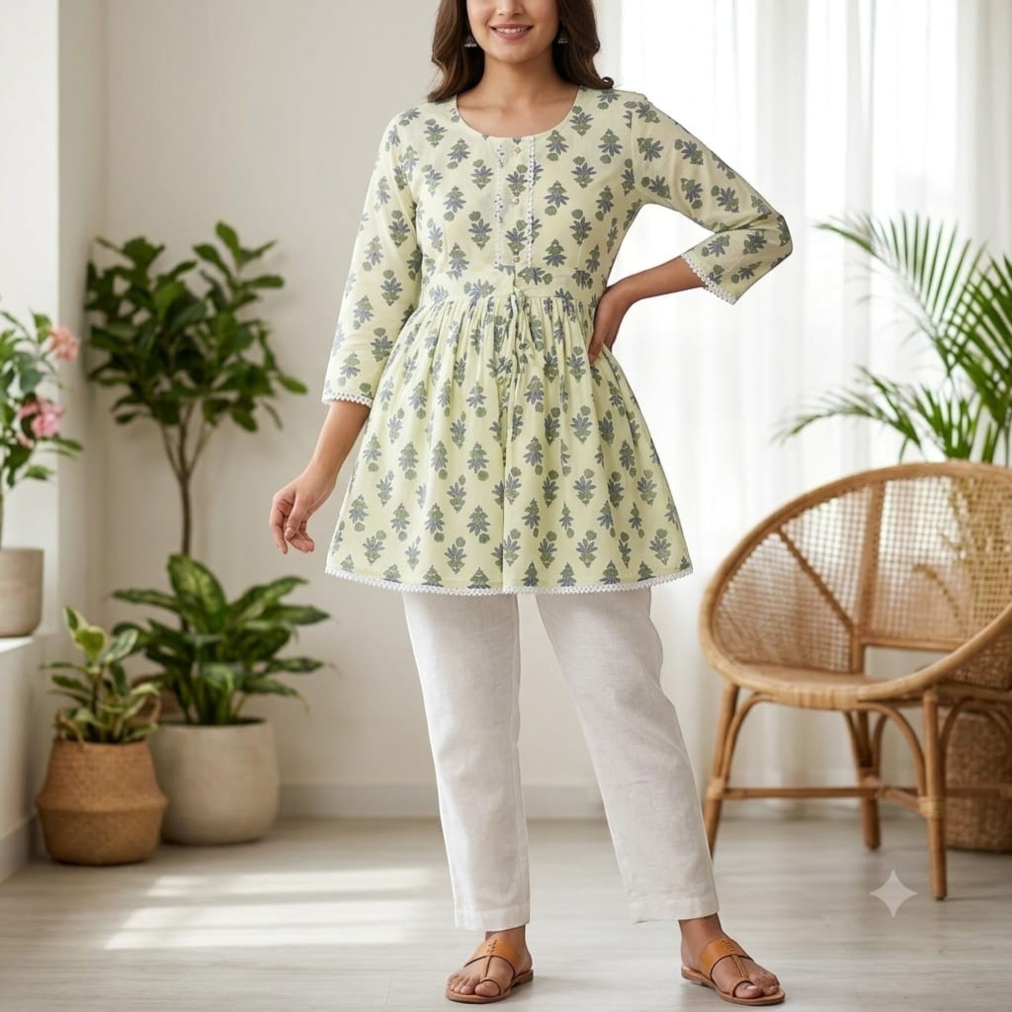 City Center premium short kurti in light green with grey floral print, featuring three-quarter sleeves and lace trim.