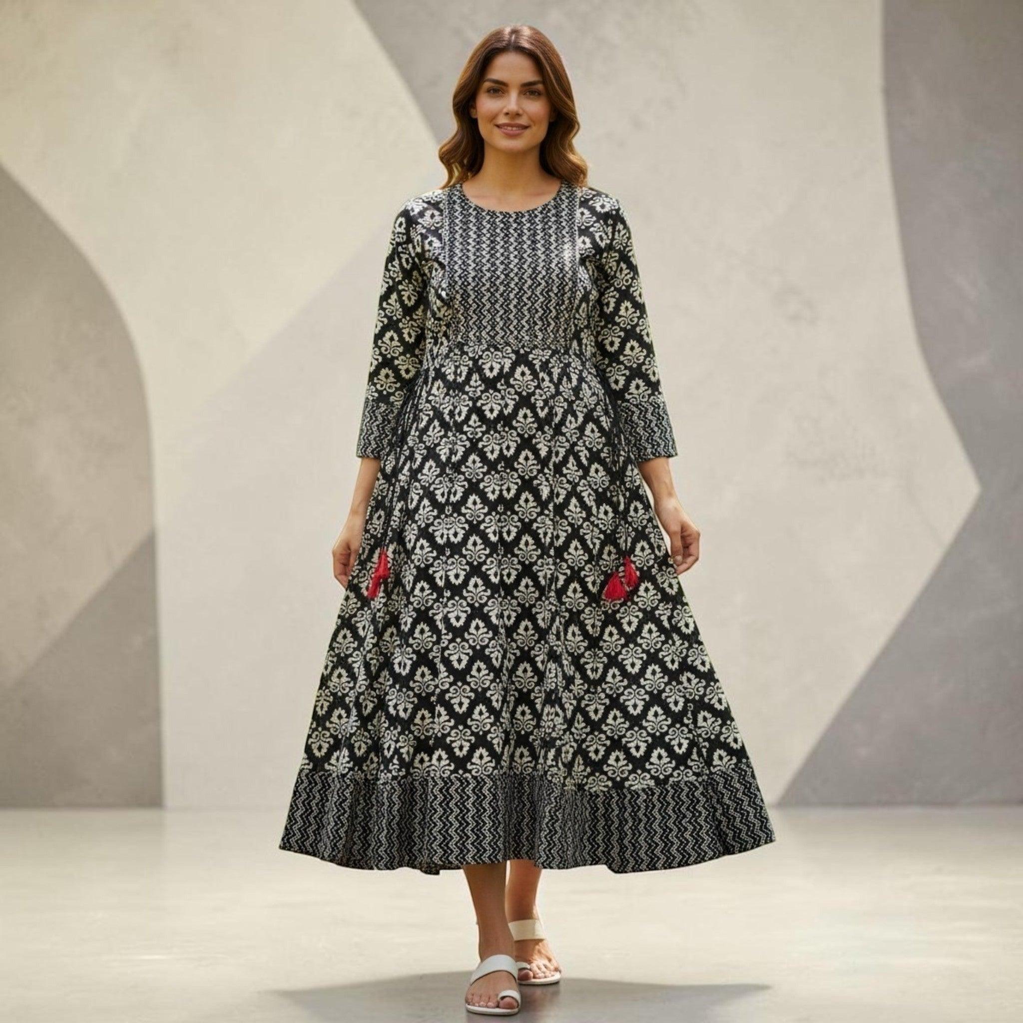 City Center Simra Anarkali Kurti in black and white with intricate ethnic print, flared silhouette, and tassel detail.