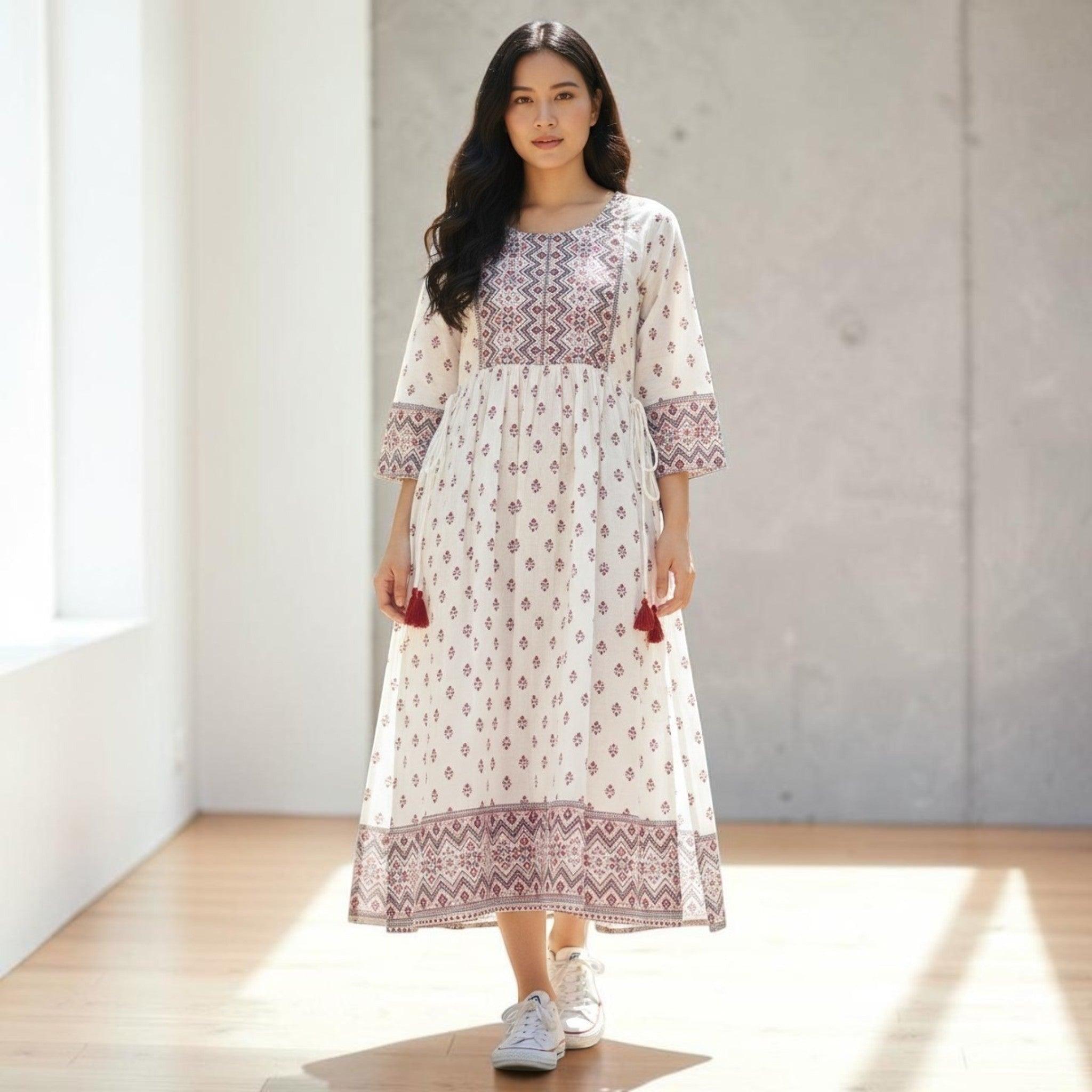 City Center Simra Anarkali Kurti in cream with maroon ethnic print, featuring a flared silhouette and tassel details.