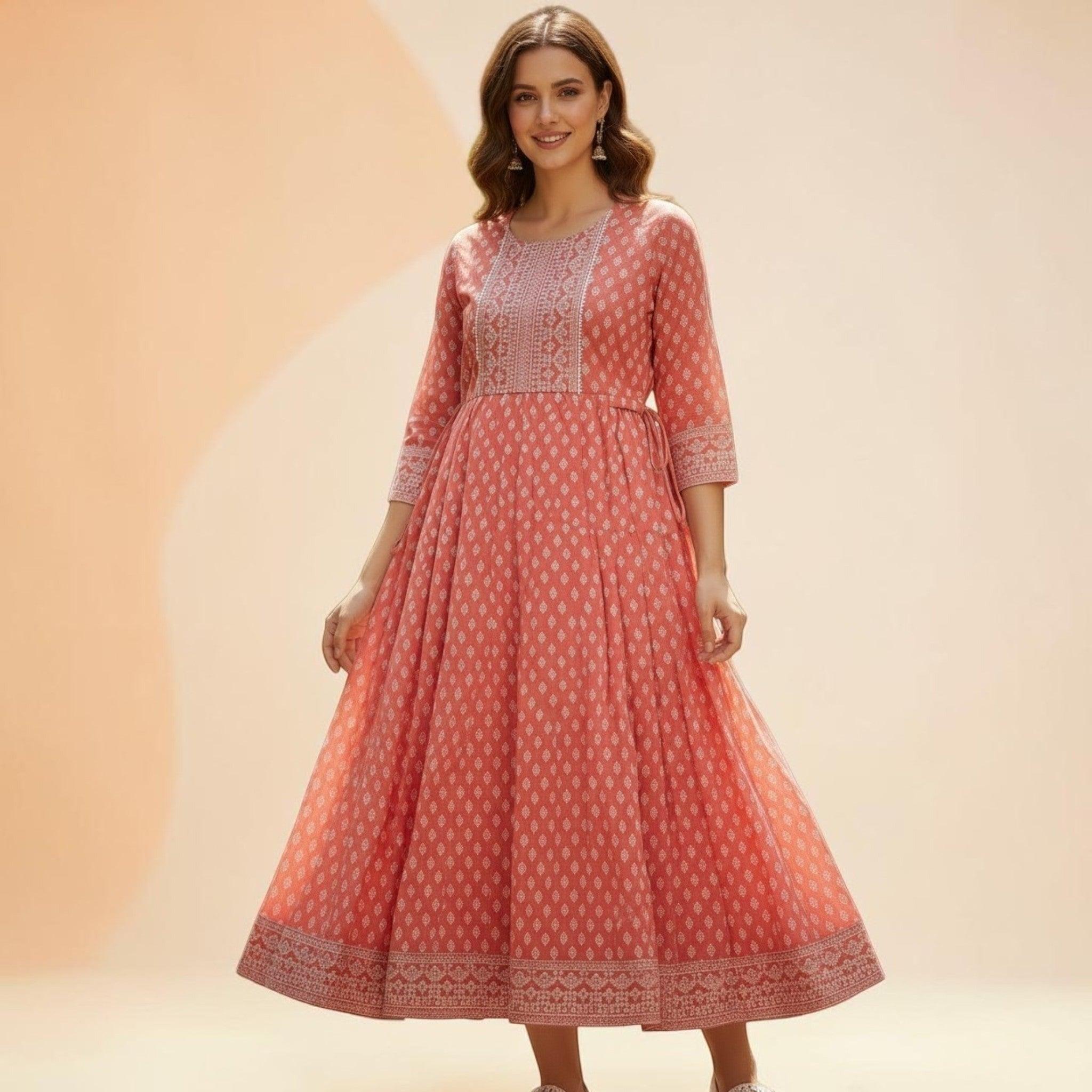 City Center Simra Anarkali kurti in peach with white ethnic print, featuring a flared silhouette and three-quarter sleeves.