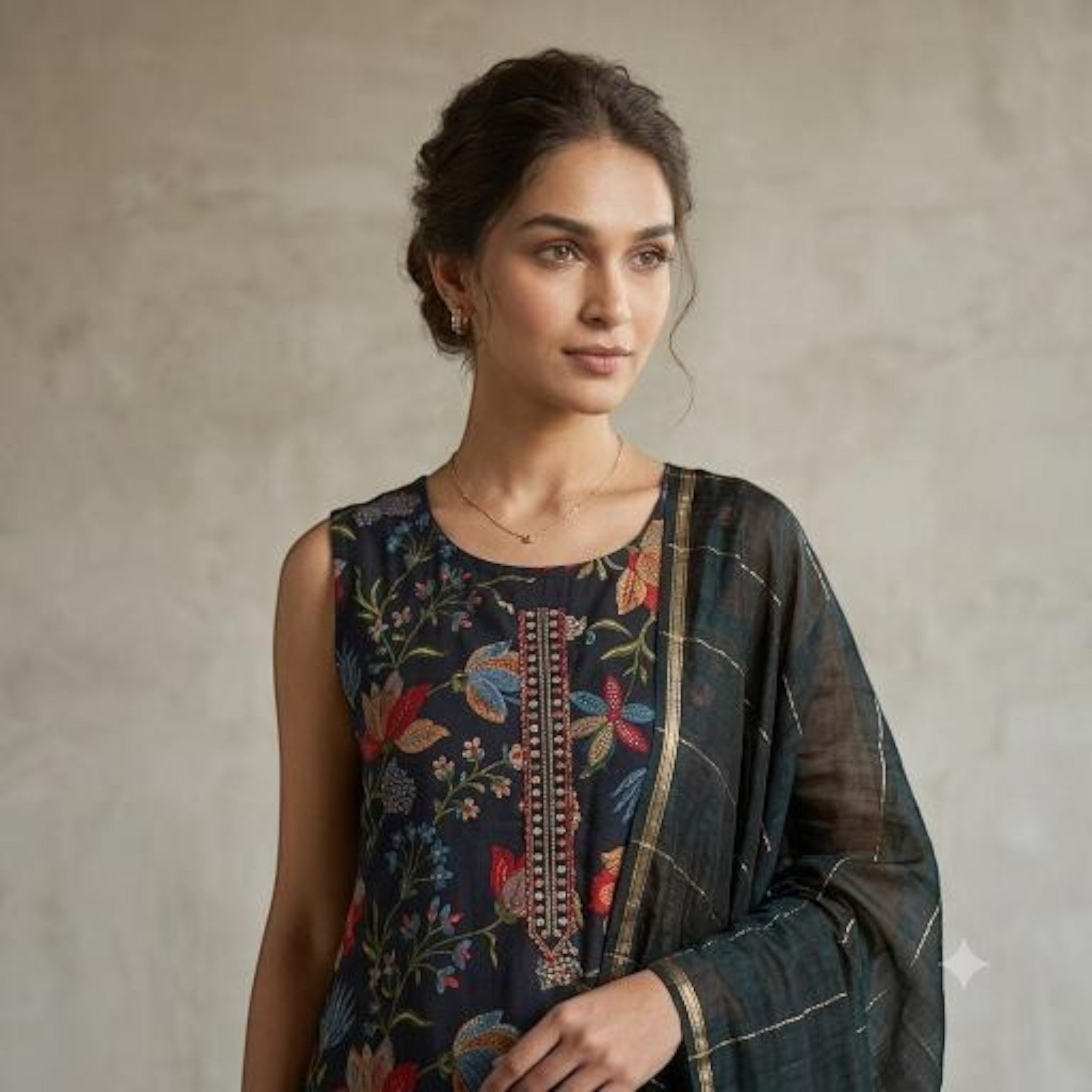 City Center sleeveless kurti set in dark blue with floral print, embroidery, and a metallic striped dupatta