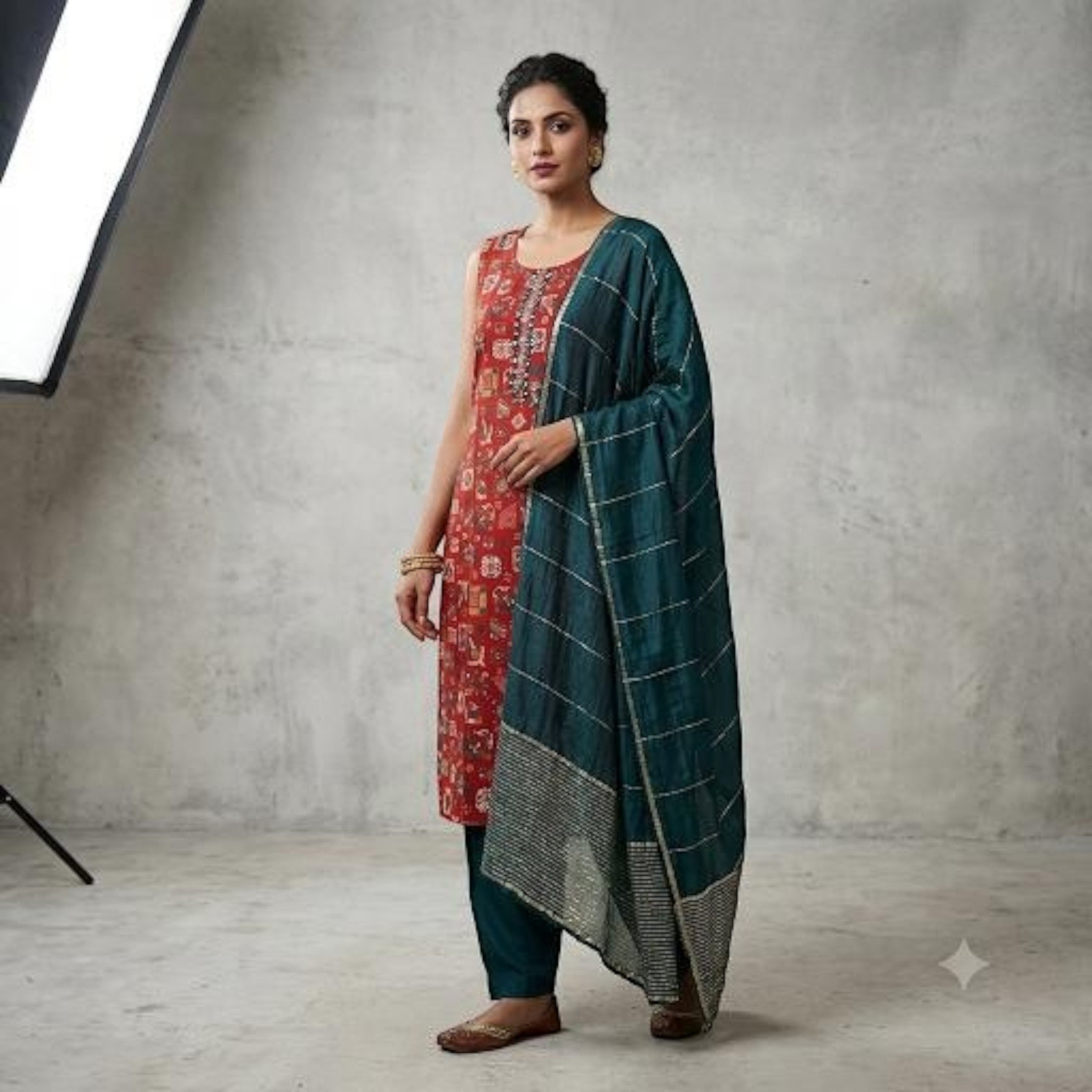 City Center traditional sleeveless red printed kurti set with teal trousers and a matching metallic detailed dupatta