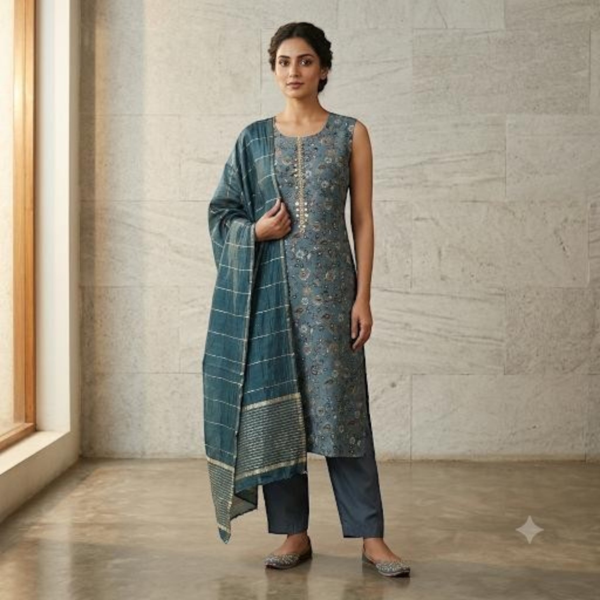 City Center sleeveless blue printed kurti set with matching trousers and a metallic detailed dupatta on a model.