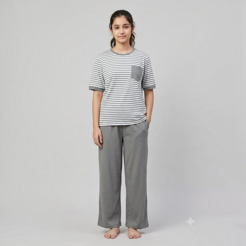 City Center women's airport co-ord set featuring a grey and white striped t-shirt and matching grey wide-leg trousers.