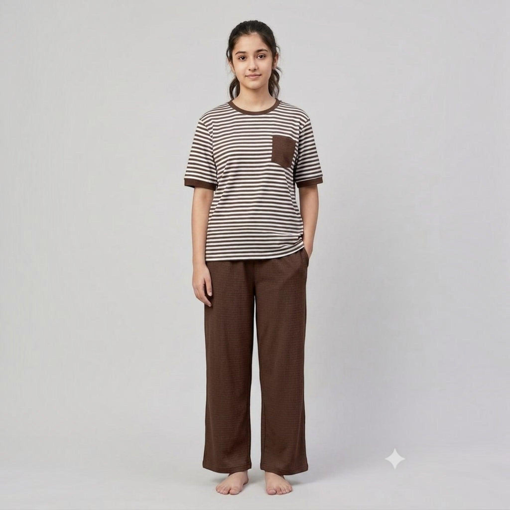 City Center women's brown and white striped airport co-ord set with a t-shirt and wide-leg trousers.