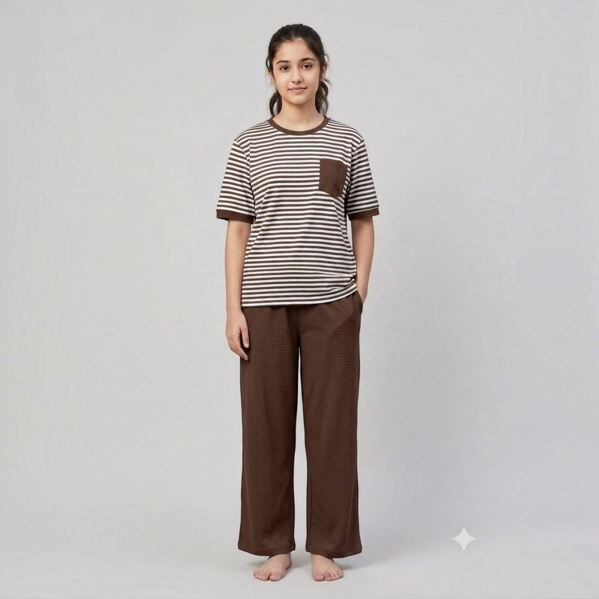 City Center women's brown and white striped airport co-ord set with a t-shirt and wide-leg trousers.