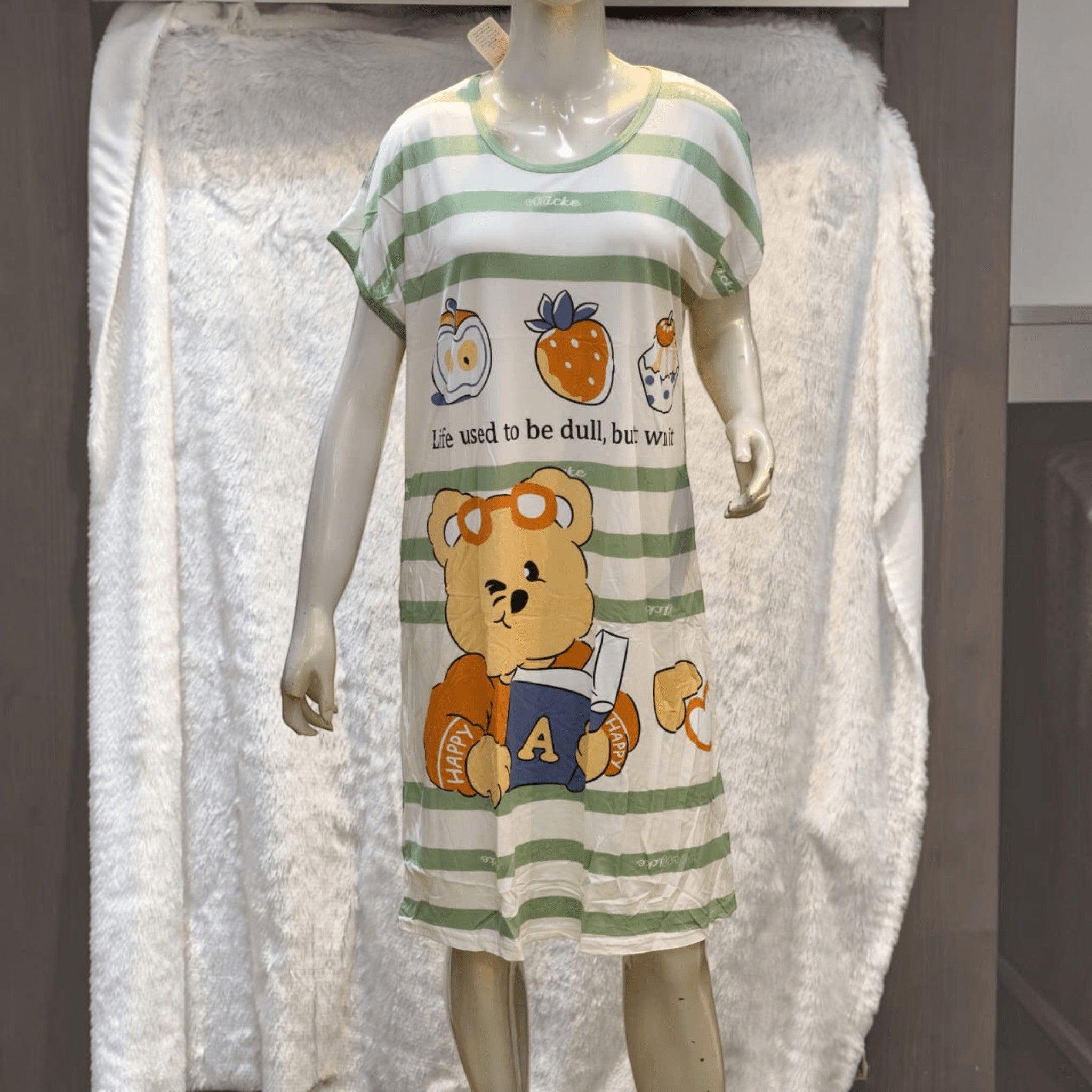 City Center Korean style short one-piece sleepwear featuring green stripes and a cute bear graphic on a mannequin.