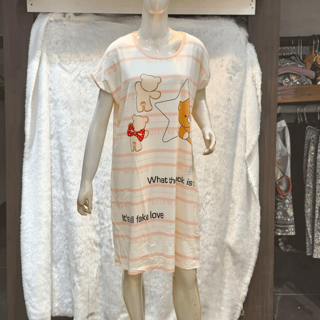 City Center Korean style short one-piece sleepwear in white with pink stripes and cute bear graphic print