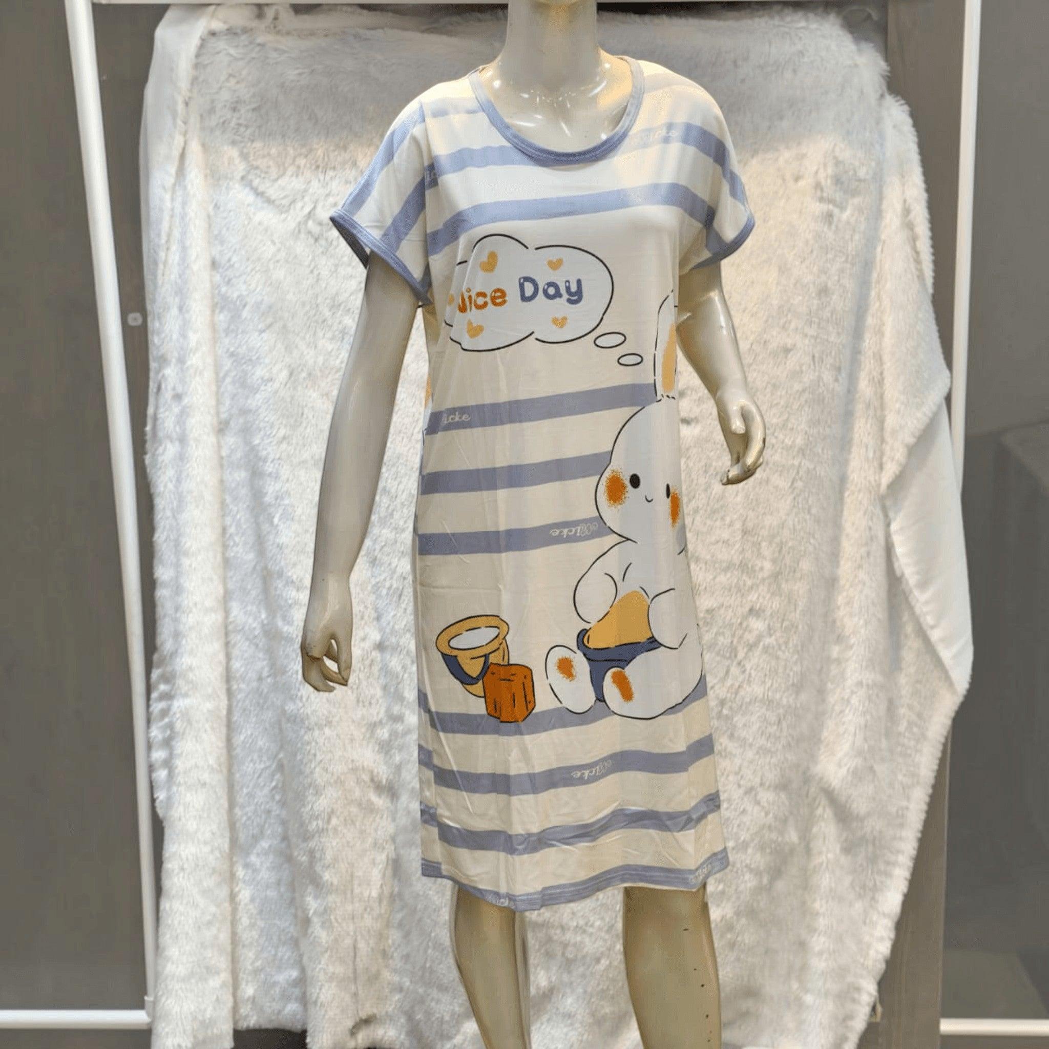 City Center Korean style striped short sleepwear nightgown with cute bunny graphic on a mannequin