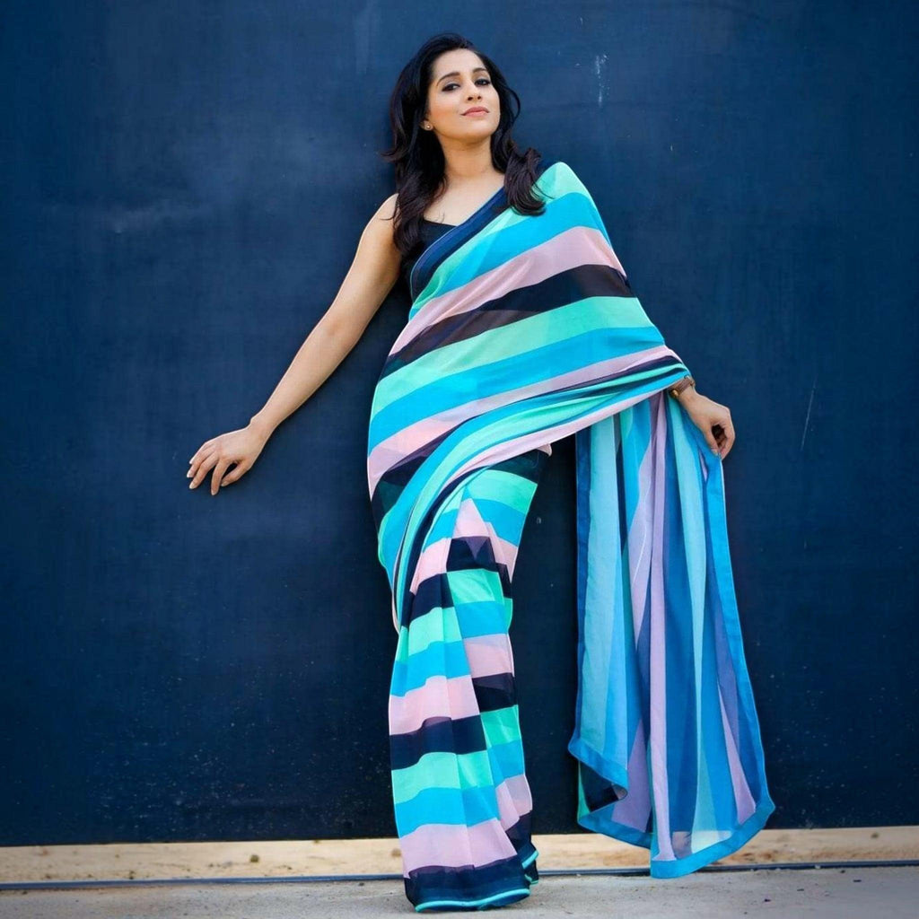 City Center premium cotton saree featuring vibrant horizontal stripes in turquoise, pink, and navy blue on a model