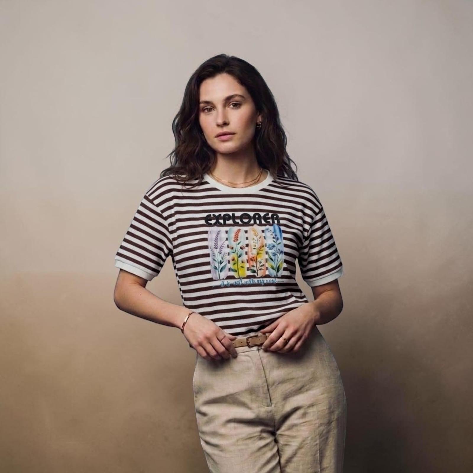 City Center premium cotton t-shirt with brown stripes and floral explorer graphic print worn by a woman