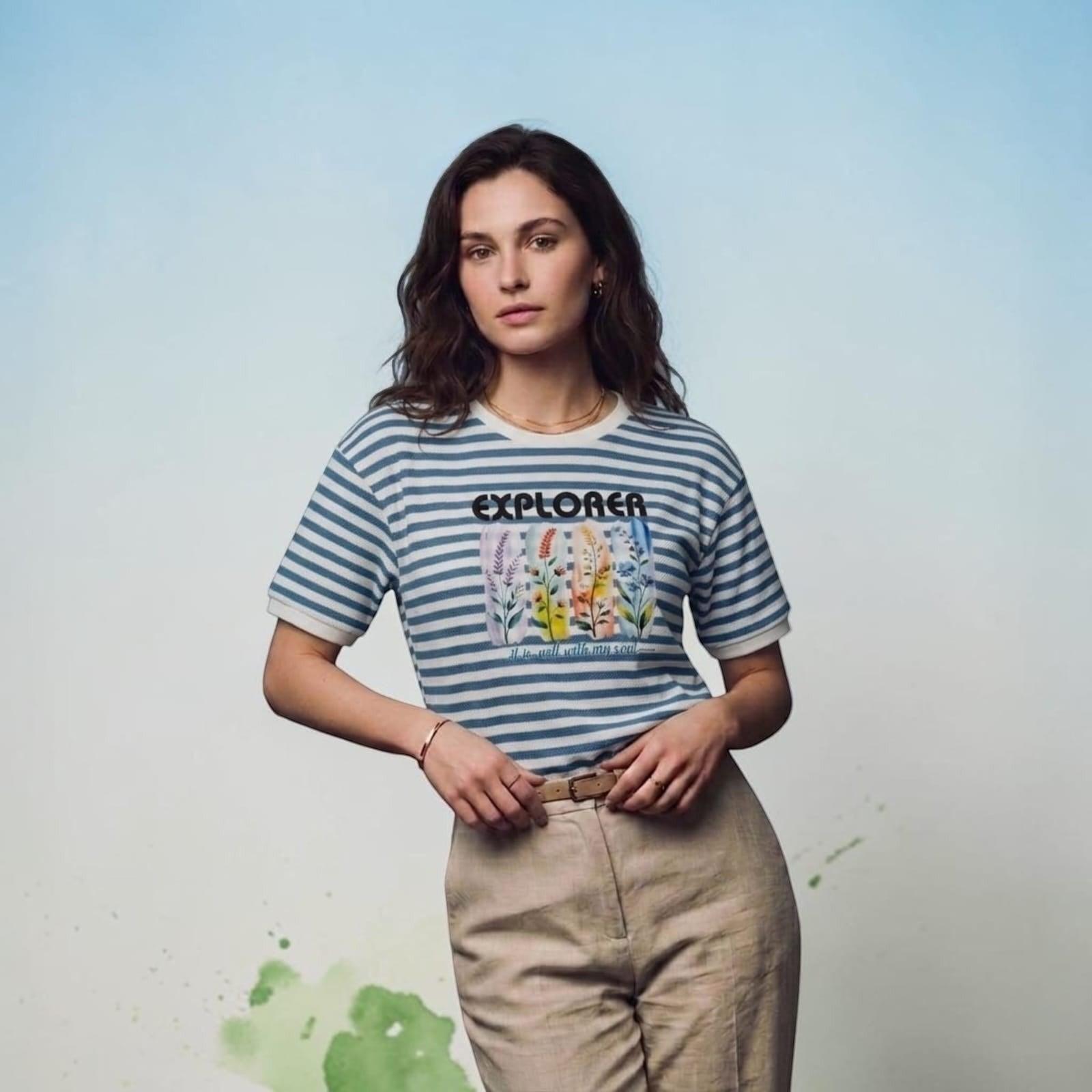City Center premium cotton t-shirt with blue stripes and floral explorer graphic print worn by a woman