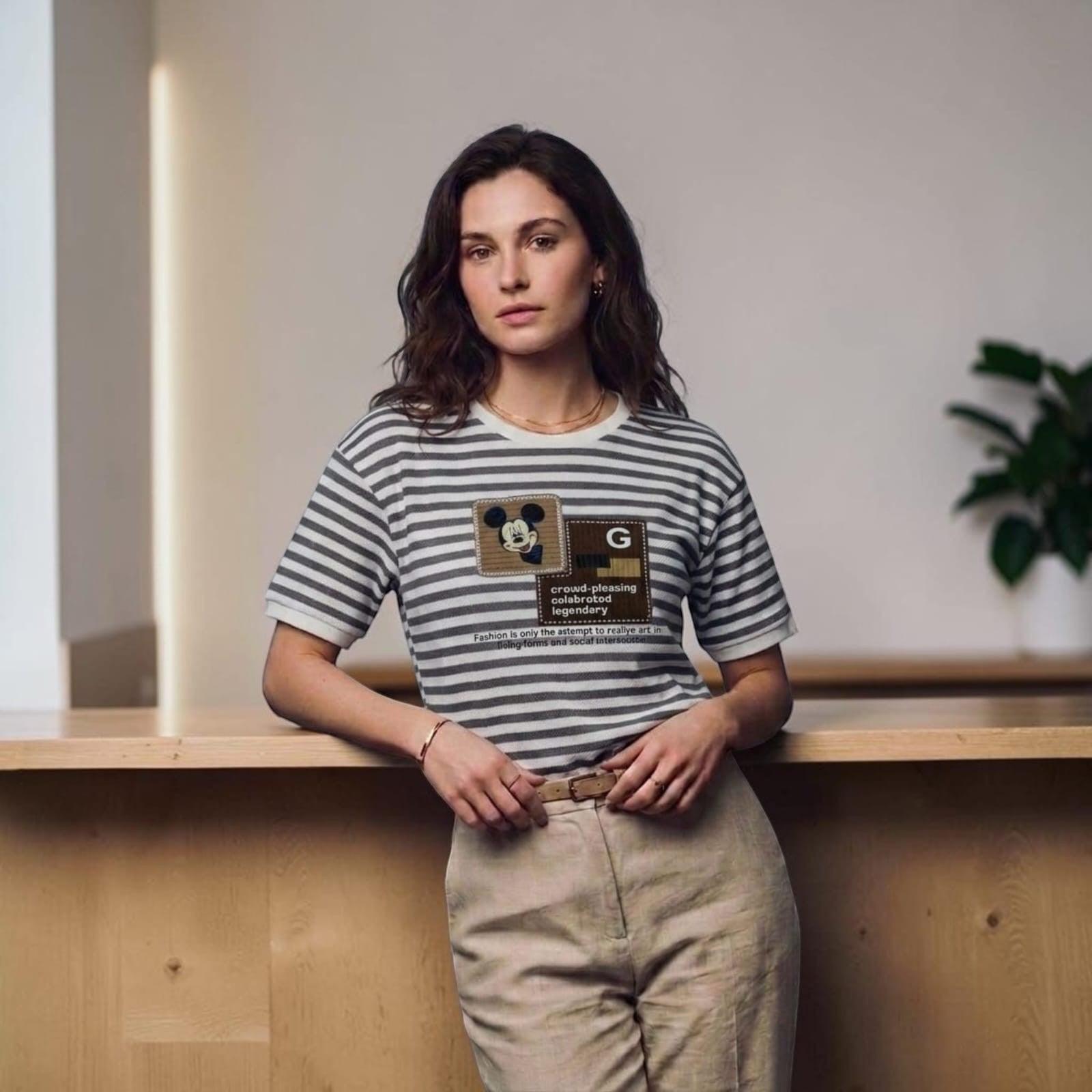 City Center premium cotton t-shirt with grey stripes and graphic print worn by a woman in a modern interior.