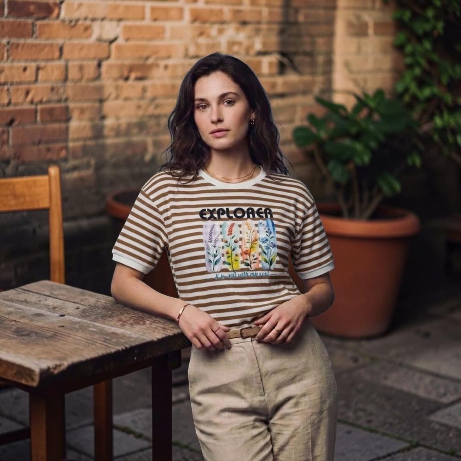 City Center premium cotton t-shirt with brown and white stripes and a floral Explorer graphic print on a woman.