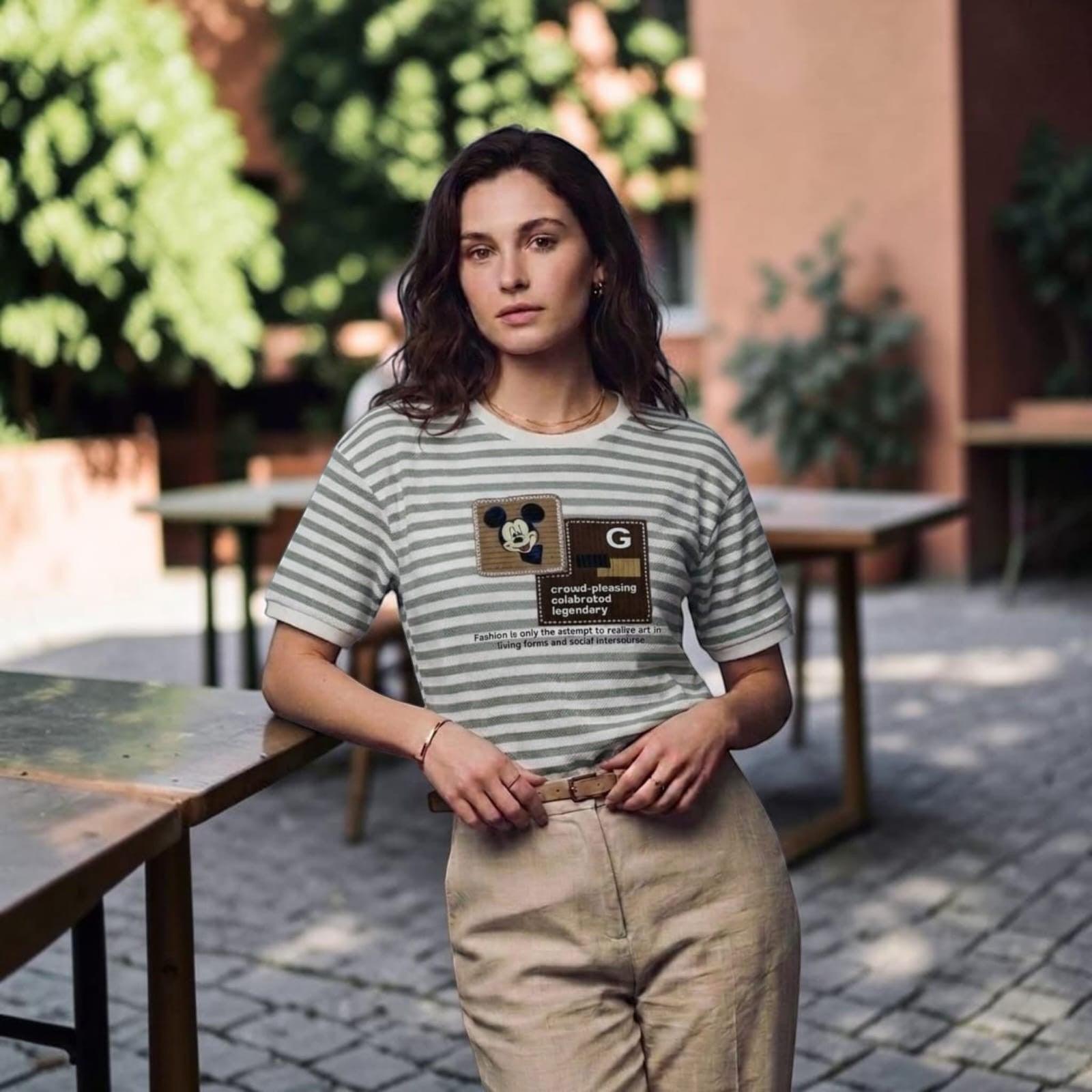 City Center premium cotton t-shirt with grey and white stripes, Mickey Mouse graphic, and text patch, worn by a woman.
