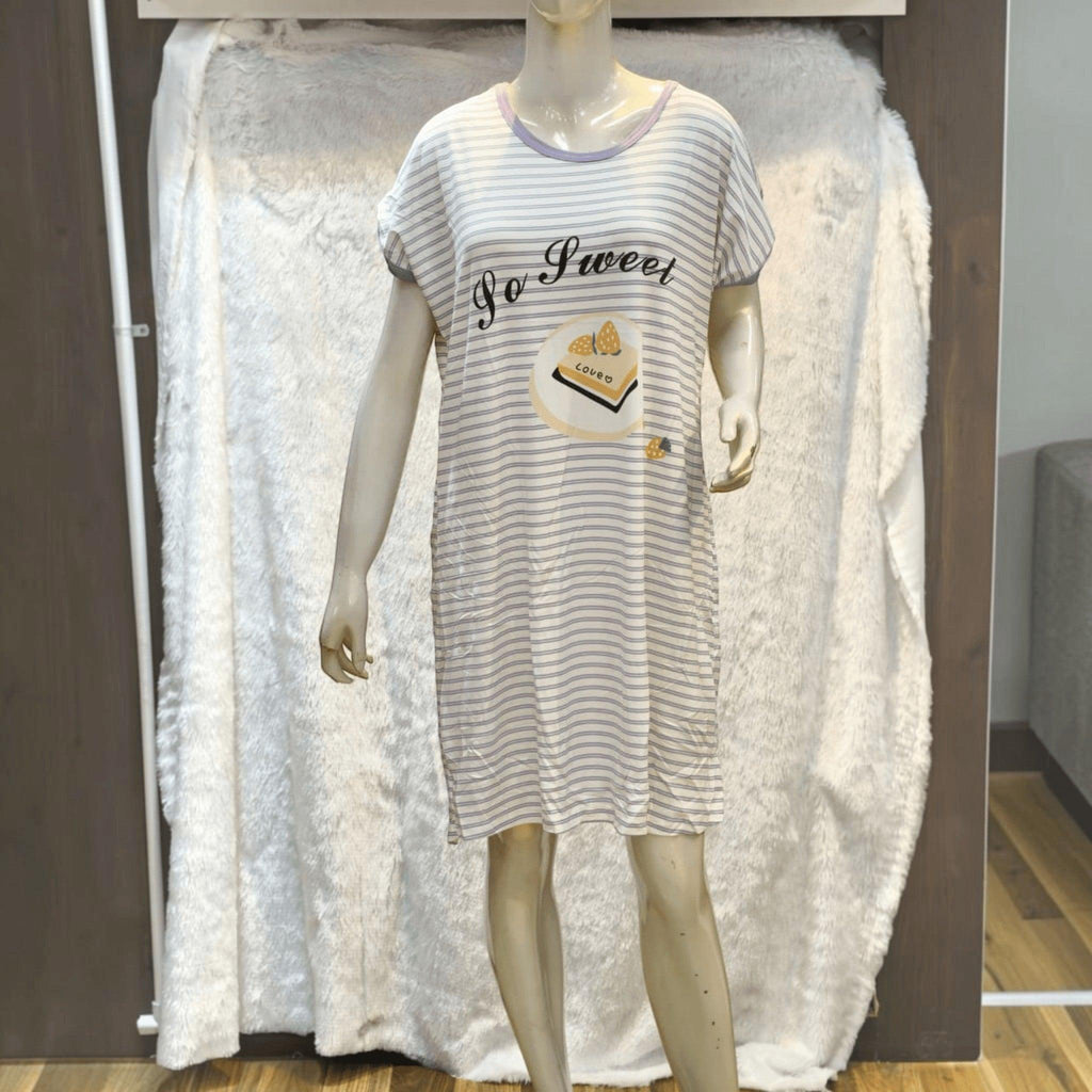 City Center Korean style striped mini nightgown with Go Sweet graphic print on a mannequin