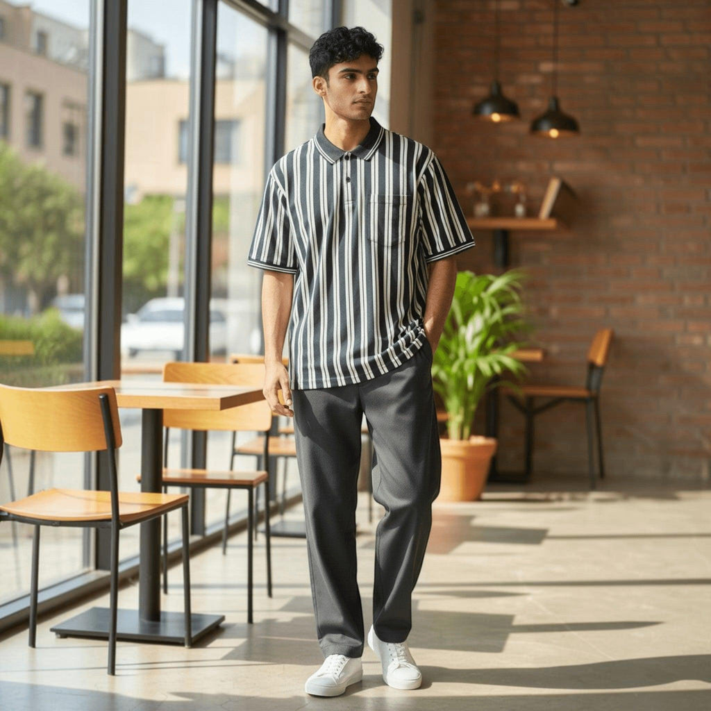City Center M-Line polo shirt with black and white vertical stripes, worn by a man in a casual cafe setting.