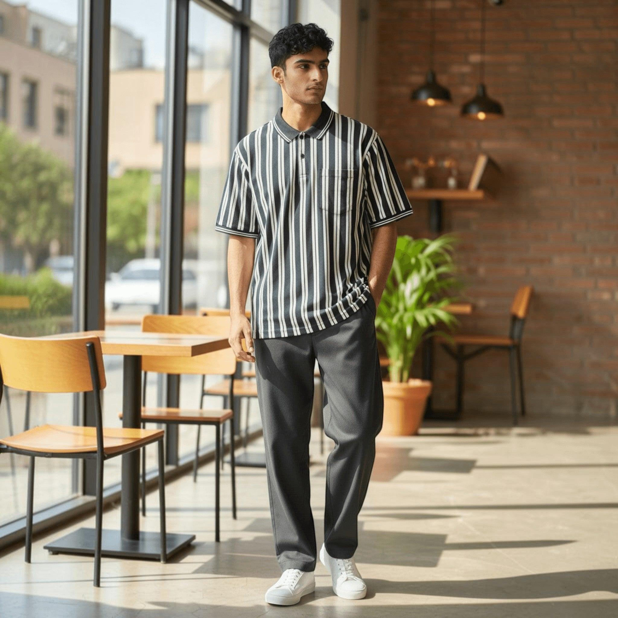 City Center M-Line polo shirt with black and white vertical stripes, worn by a man in a casual cafe setting.