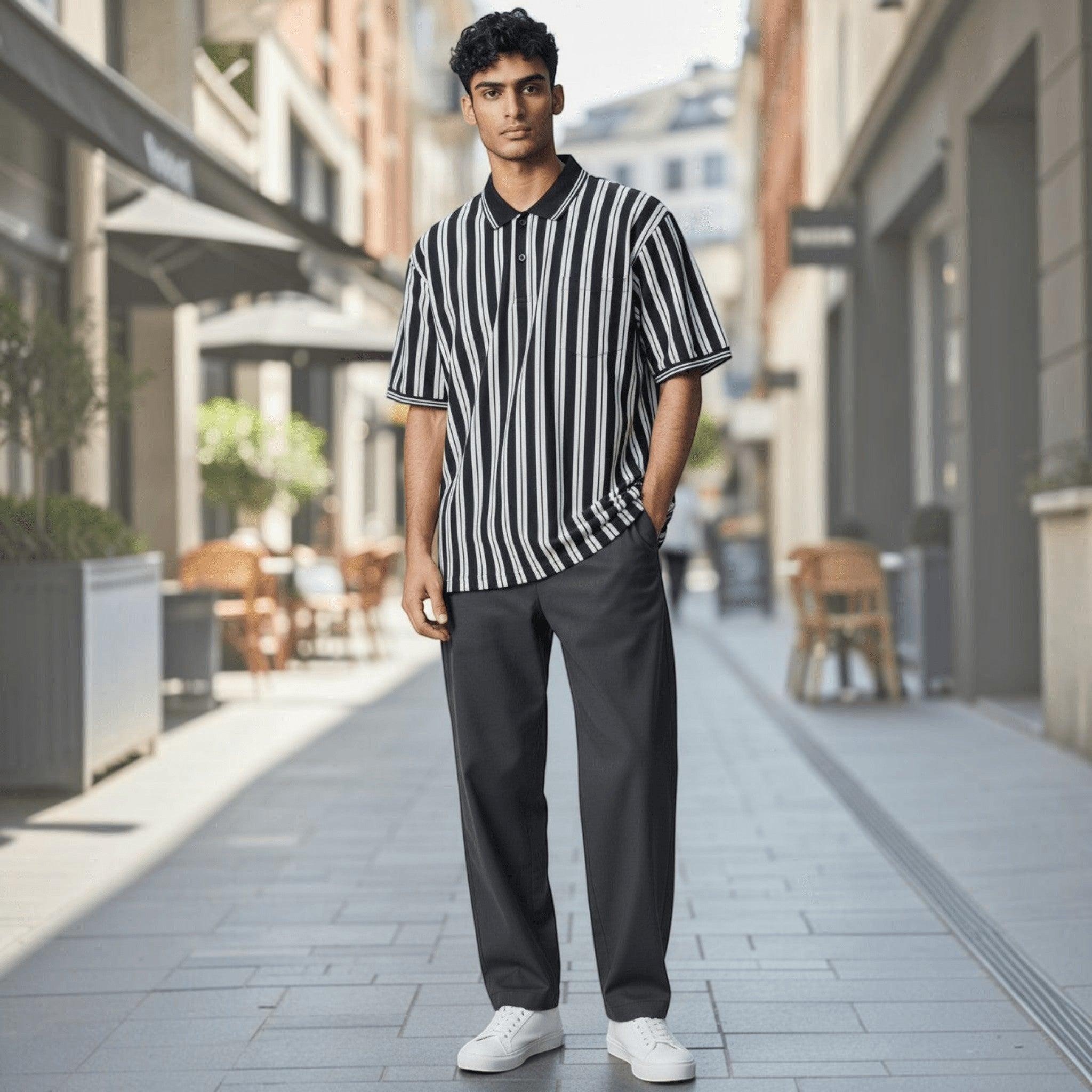 City Center model wearing a black and white vertical striped polo shirt with short sleeves and dark trousers.