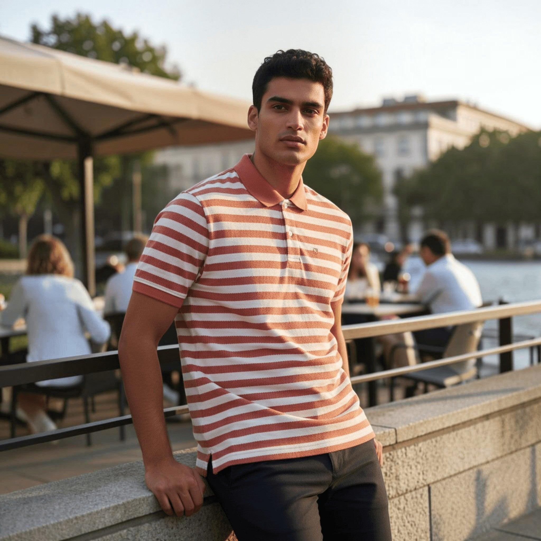 City Center model wearing a peach and white striped polo shirt with a collar, standing by a waterfront cafe.