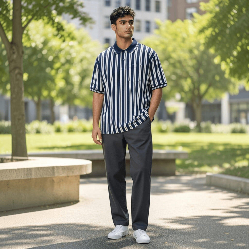 City Center M-Line polo shirt with navy and white vertical stripes, short sleeves, and a chest pocket on a man.
