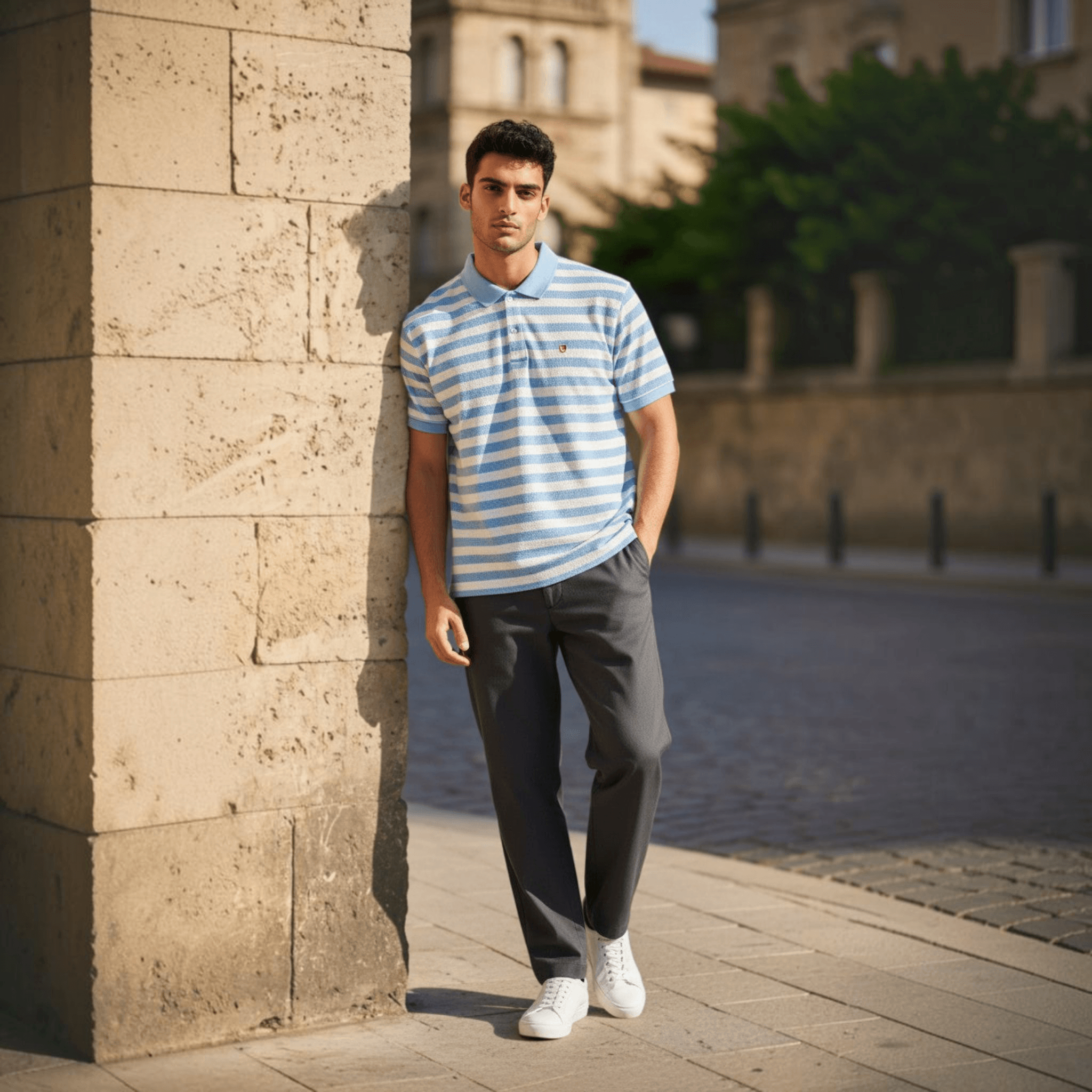 City Center model wearing a light blue and white striped polo shirt with grey trousers and white sneakers outdoors