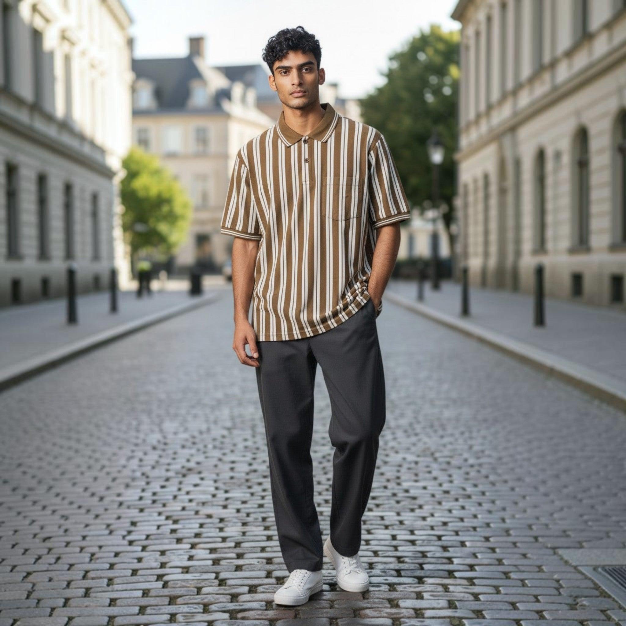 City Center man wearing a light blue and white striped polo shirt with grey trousers and white sneakers outdoors