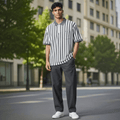 City Center model wearing a grey and white striped polo shirt with dark trousers and white sneakers on a city street.