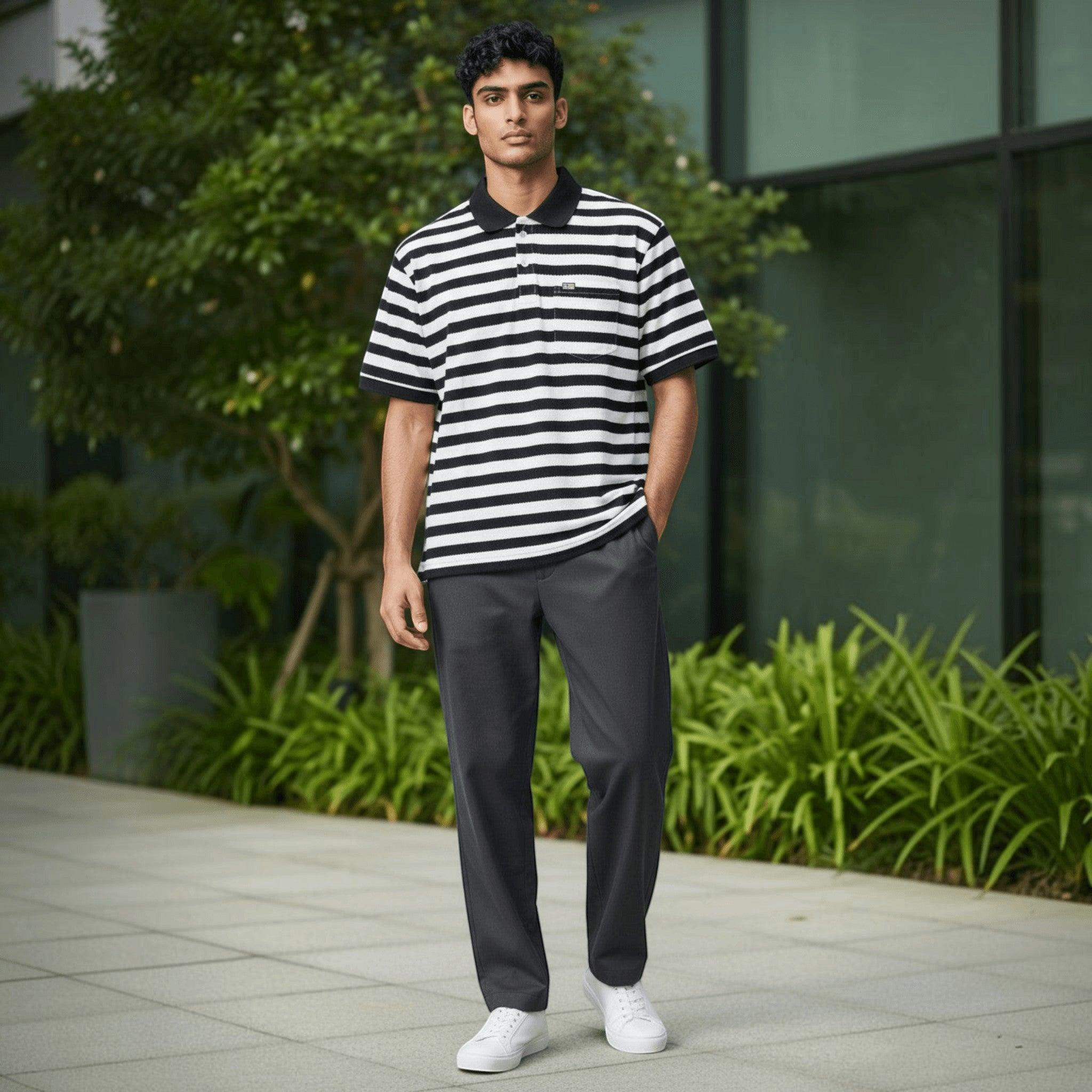 City Center model wearing a black and white striped polo shirt with dark trousers and white sneakers outdoors