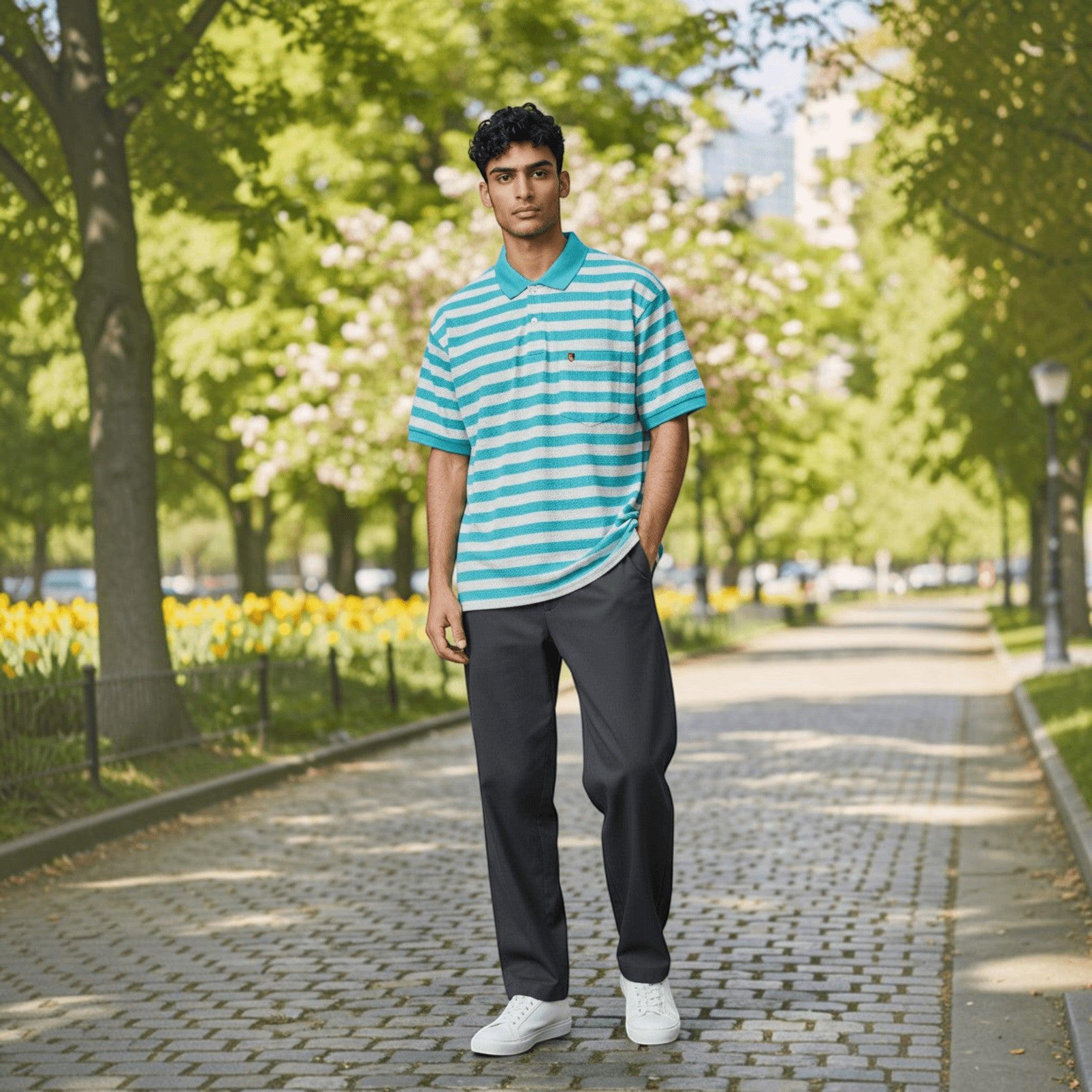 City Center model wearing a turquoise and white striped polo shirt with dark trousers and white sneakers in a park.