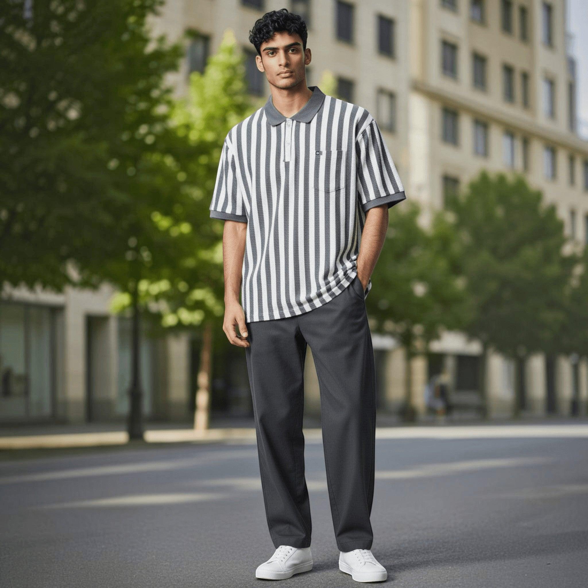 City Center model wearing a grey and white vertical striped polo shirt with dark trousers and white sneakers.
