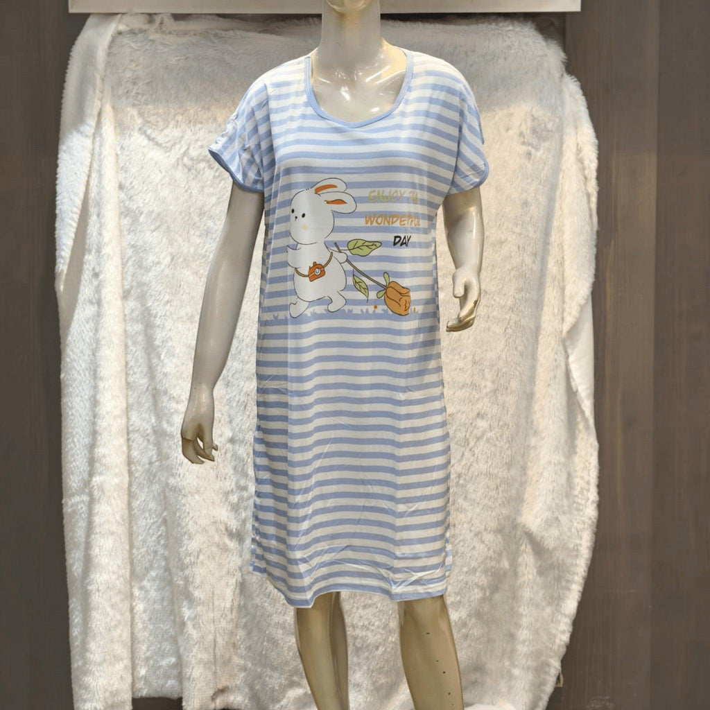 City Center Korean style blue and white striped short nightgown with a cute rabbit graphic print on a mannequin
