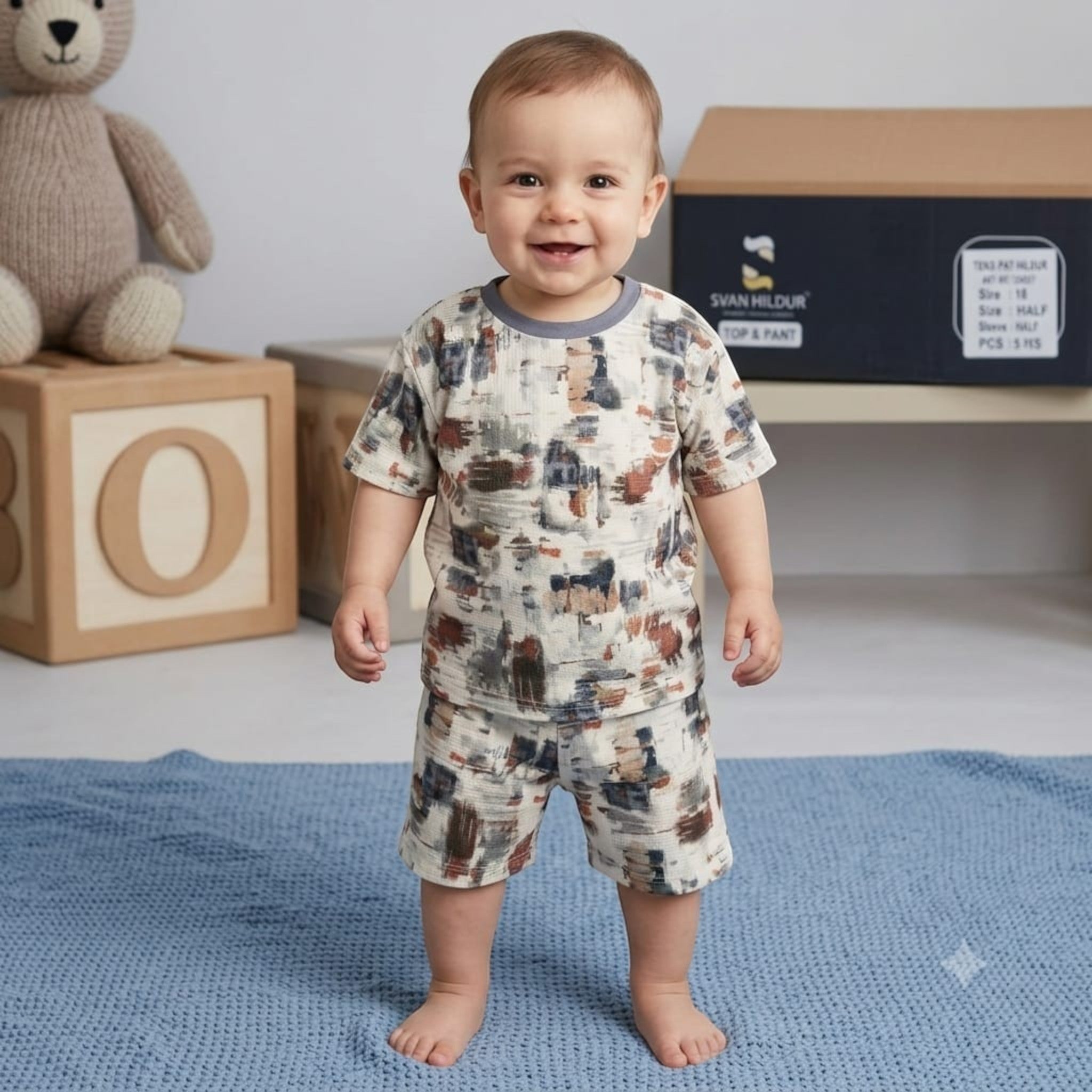 City Center Svan Hildur toddler boy wearing a short-sleeve co-ord set with a brown and grey abstract print