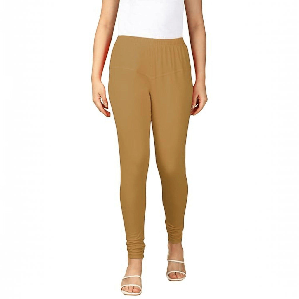 City Center tan cotton lycra churidar leggings for women, featuring a comfortable pull-on fit and full-length design.