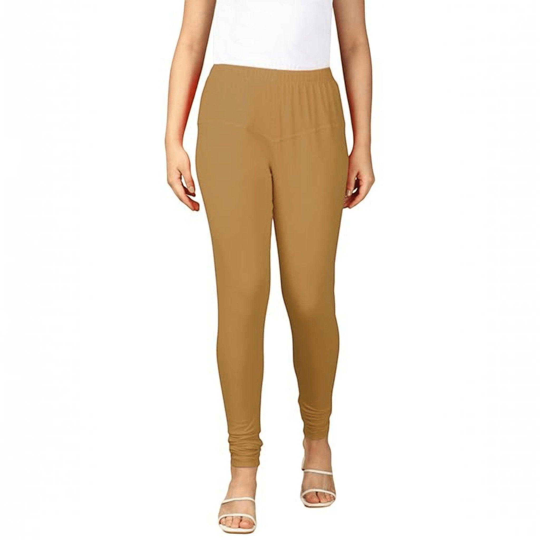 City Center tan cotton lycra churidar leggings for women, featuring a comfortable pull-on fit and full-length design.