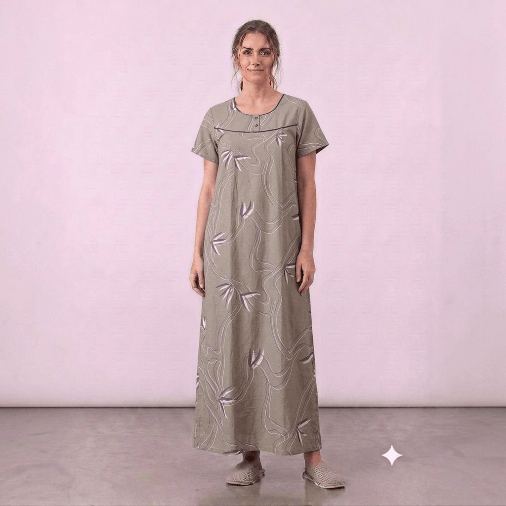 City Center women's taupe cotton feeding gown with floral embroidery, front pleats, and a relaxed A-line fit.