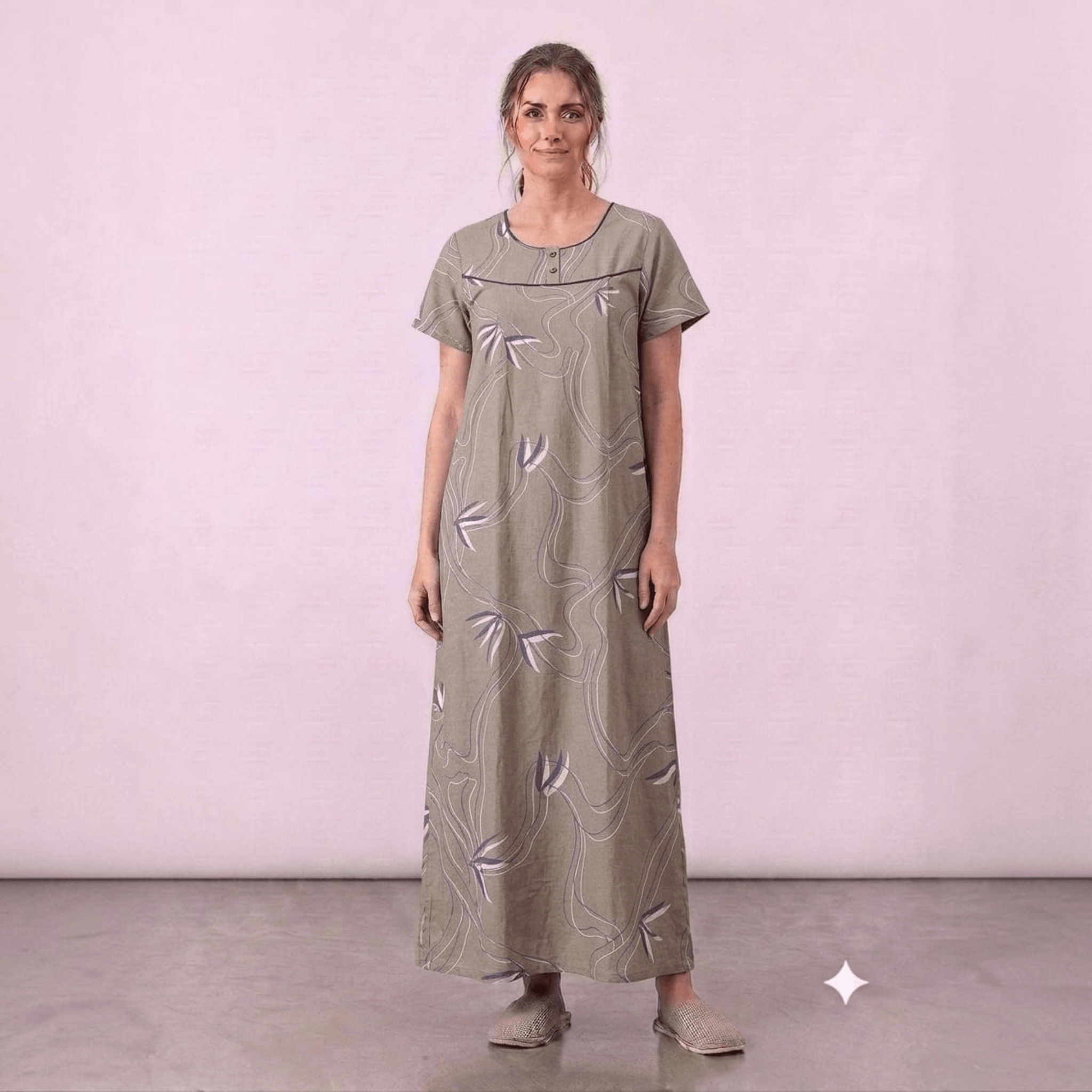 City Center women's taupe cotton feeding gown with floral embroidery, front pleats, and a relaxed A-line fit.