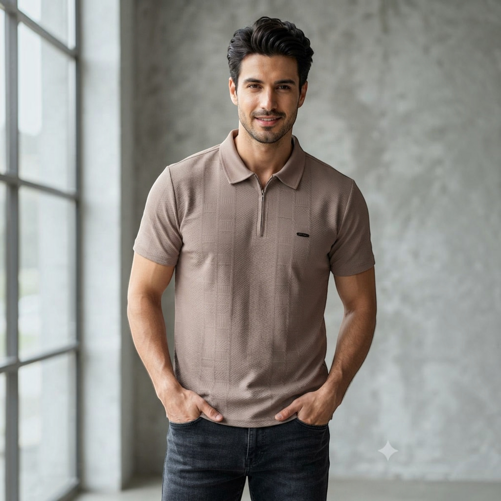 City Center M-Line men's taupe polo shirt with a quarter-zip collar and textured fabric worn by a smiling model.