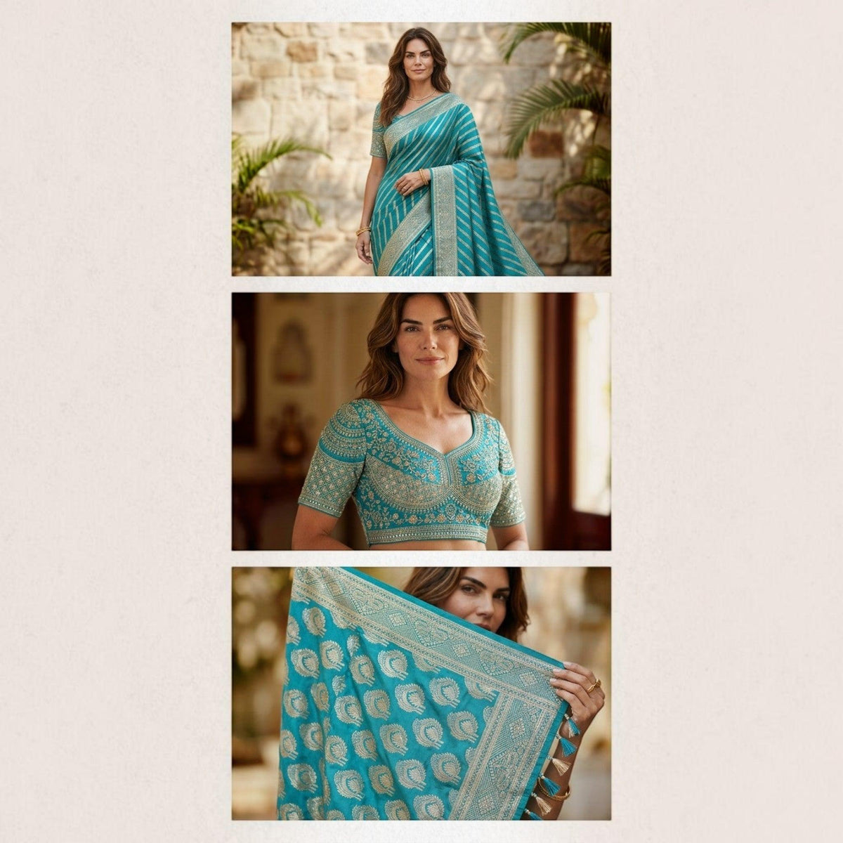 City Center teal Banarasi saree with gold zari motifs and a matching blouse featuring intricate Aari embroidery.